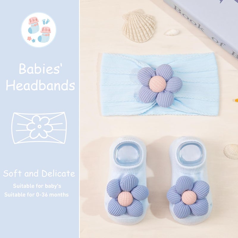 CÉLLOT Baby Girl Headband and Socks, Non-Slip Floral Socks and Soft Floral Nylon Hairbands for Babies Infants and Toddlers(White,Blue,Black) - Image 4